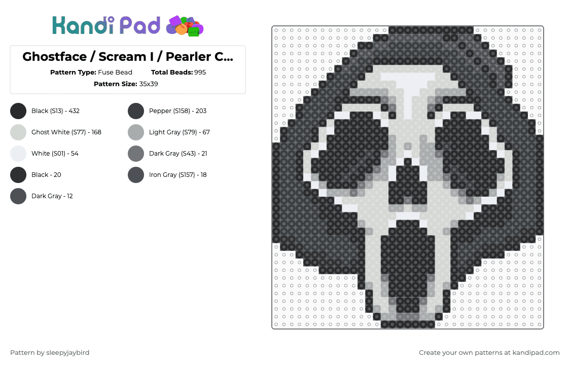Ghostface / Scream I / Pearler Charm - Fuse Bead Pattern by noahdoesstuff on Kandi Pad - ghost face,slasher,horror,movie,halloween,spooky,holiday,black,white,gray,ghostface,scream,mask