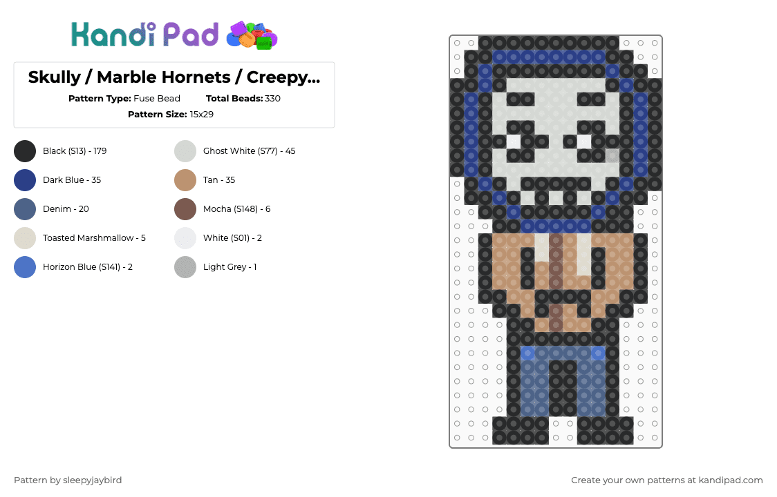 Skully / Marble Hornets / Creepypasta - Fuse Bead Pattern by noahdoesstuff on Kandi Pad - black,beige,blue,marble hornets,creepypasta,spooky,skull,slenderverse