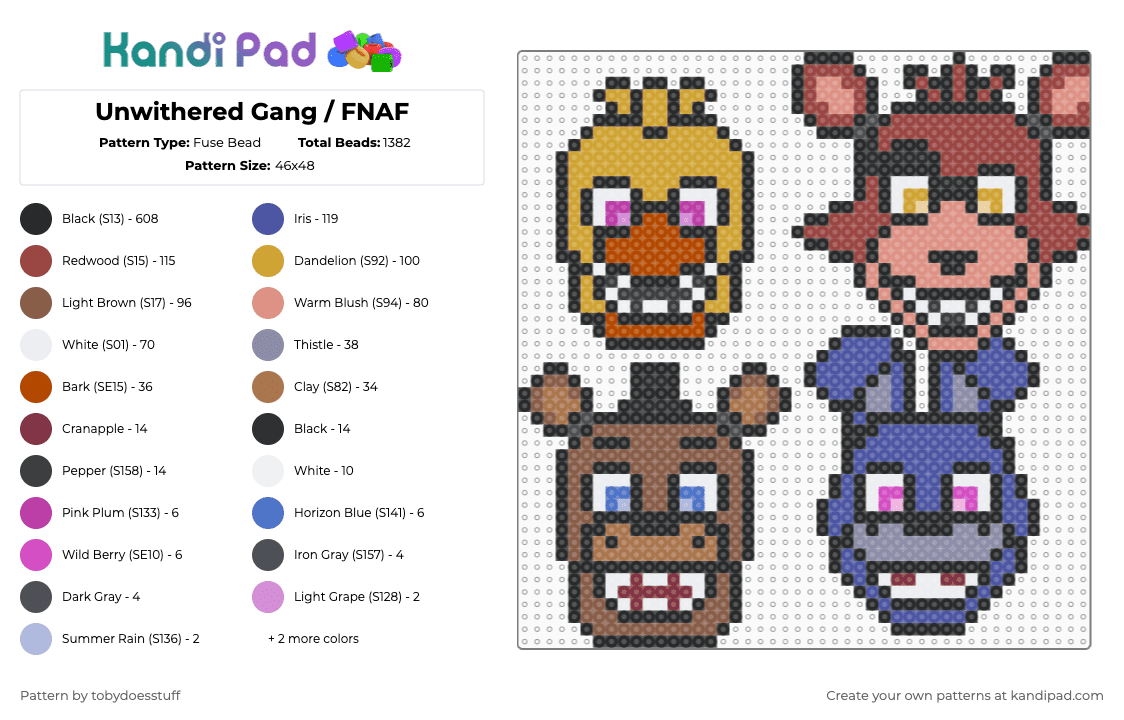 Unwithered Gang / FNAF - Fuse Bead Pattern by noahdoesstuff on Kandi Pad - black,red,tan,purple,beige,colorful,fnaf,freddy,bonnie,chica,foxy