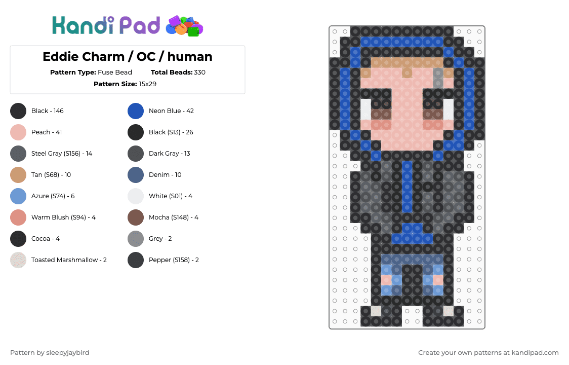 Eddie Charm / OC / human - Fuse Bead Pattern by noahdoesstuff on Kandi Pad - black,beige,gray,blue,oc,charm,cute,emo,punk