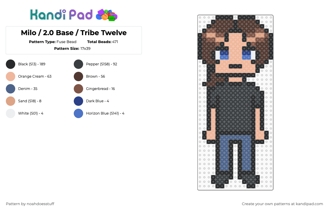 Milo / 2.0 Base / Tribe Twelve - Fuse Bead Pattern by noahdoesstuff on Kandi Pad - black,brown,beige,milo asher,slenderverse,tribe twelve,charm,fuse bead