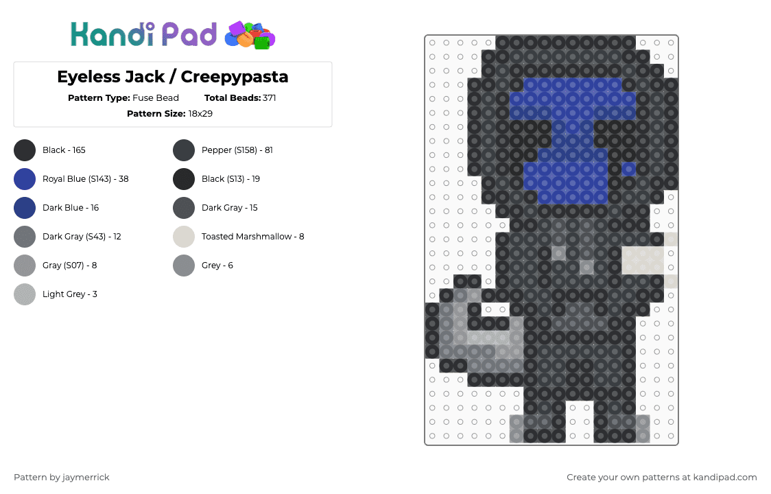 Eyeless Jack / Creepypasta - Fuse Bead Pattern by noahdoesstuff on Kandi Pad - black,purple,gray,ej,eyeless jack,creepypasta,blue,spooky