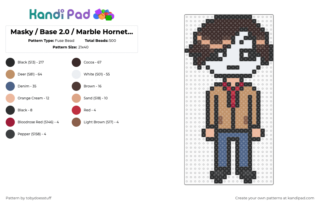 Masky / Base 2.0 / Marble Hornets Charm - Fuse Bead Pattern by noahdoesstuff on Kandi Pad - black,brown,tan,masky,creepypasta,marble hornets,charm,tim wright