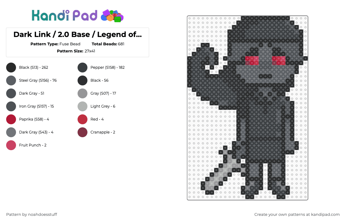 Dark Link / 2.0 Base / Legend of Zelda - Fuse Bead Pattern by noahdoesstuff on Kandi Pad - black,gray,legend of zelda,creepypasta,dark link,link,nintendo,dark