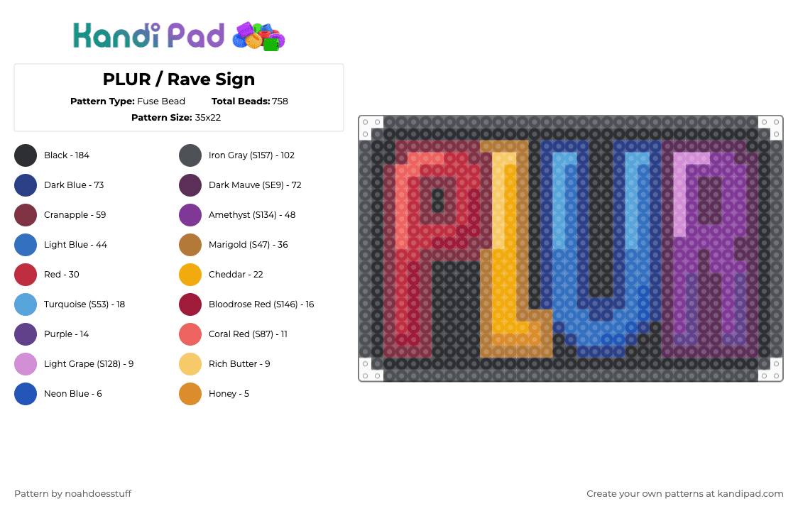 PLUR / Rave Sign - Fuse Bead Pattern by noahdoesstuff on Kandi Pad - purple,blue,pink,red,colorful,plur,rave,peace,love,unity,respect,rainbow,neon