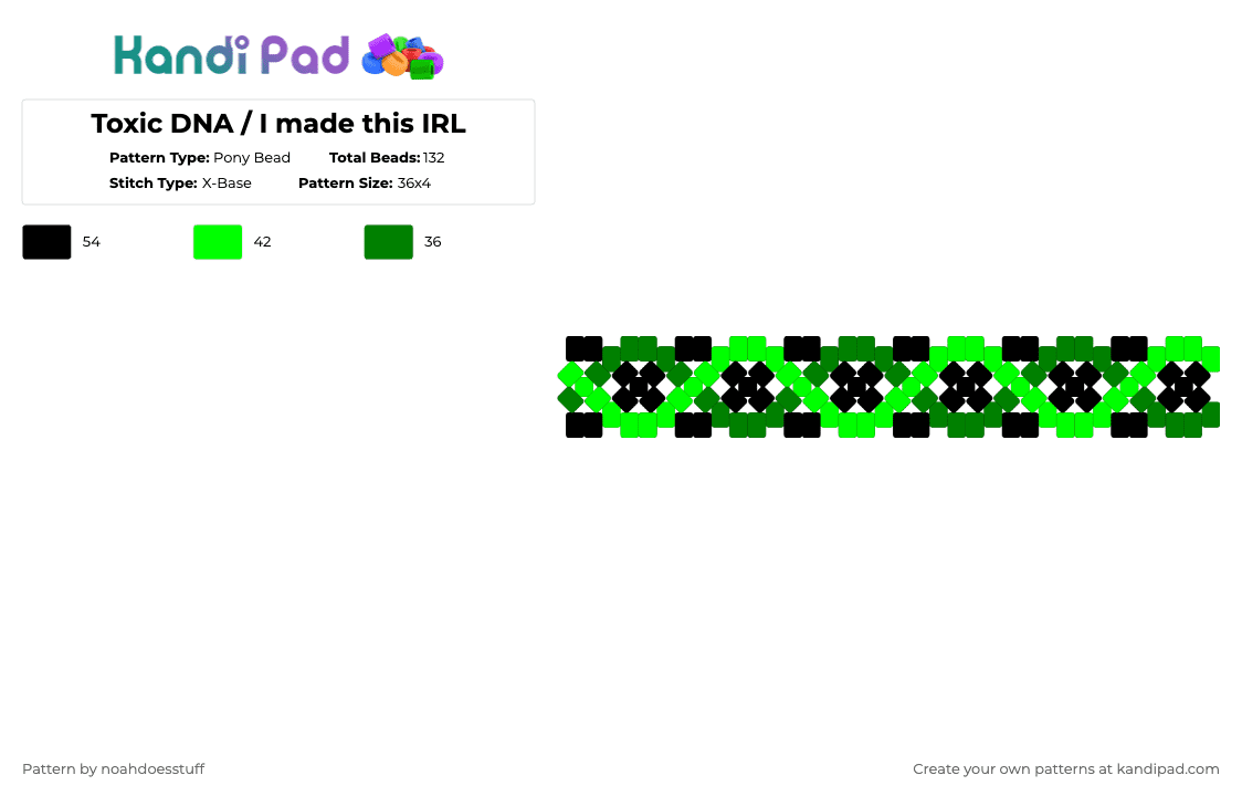 Toxic DNA / I made this IRL - Pony Bead Pattern by noahdoesstuff on Kandi Pad - black,green,toxic,radioactive,dna,xbase,simple