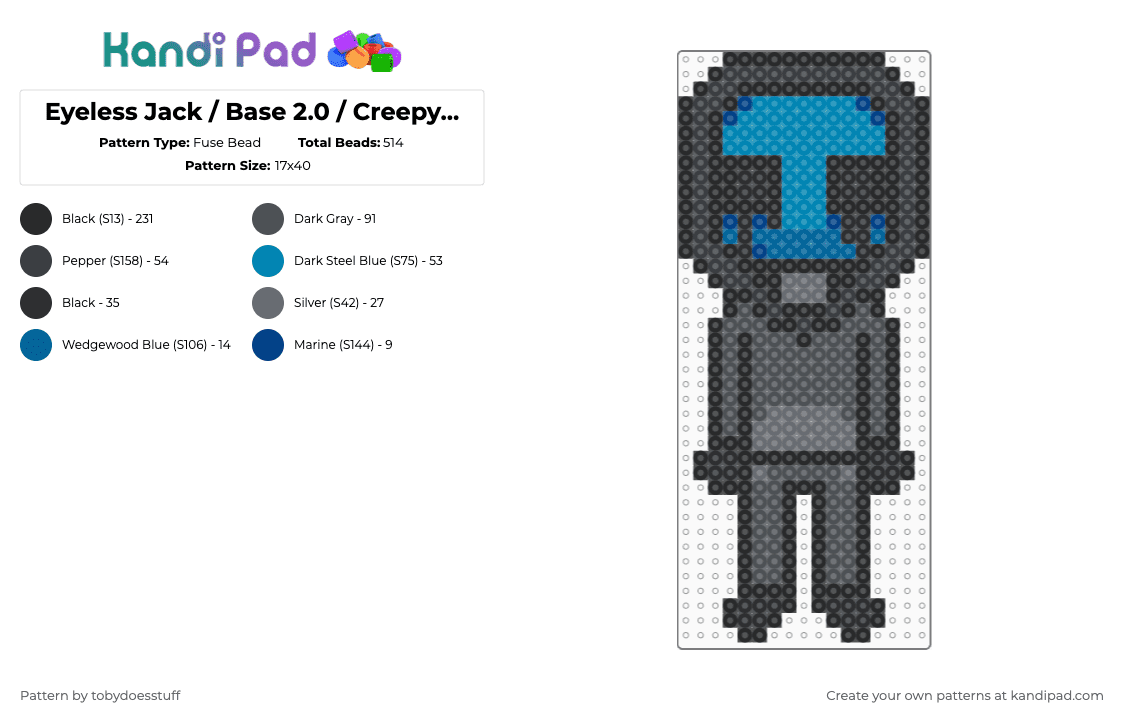 Eyeless Jack / Base 2.0 / Creepypasta Charm - Fuse Bead Pattern by noahdoesstuff on Kandi Pad - black,gray,creepypasta,eyeless jack,ej,charm