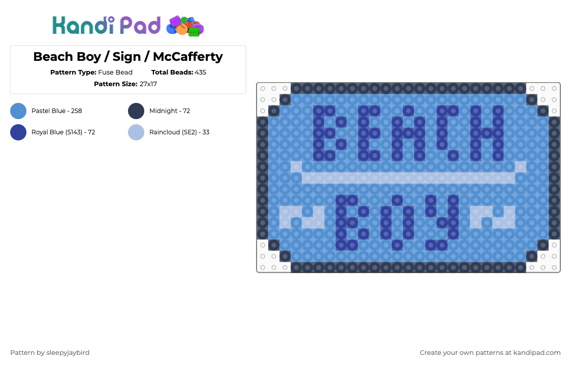 Beach Boy / Sign / McCafferty - Fuse Bead Pattern by noahdoesstuff on Kandi Pad - purple,light blue,mccafferty,album,sign,music,song,blue,ocean