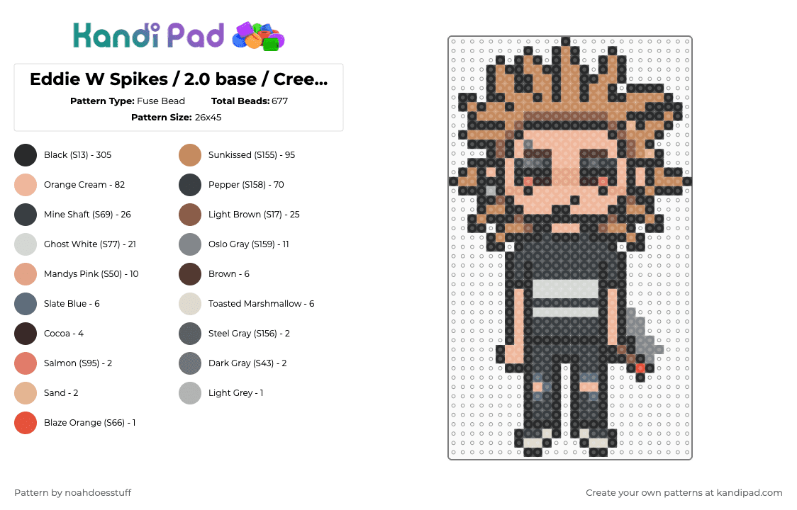 Eddie W Spikes / 2.0 base / Creepypasta+Slenderverse OC - Fuse Bead Pattern by noahdoesstuff on Kandi Pad - black,tan,beige,eddie havoc,oc,charm,weed,slenderverse,creepypasta,gay