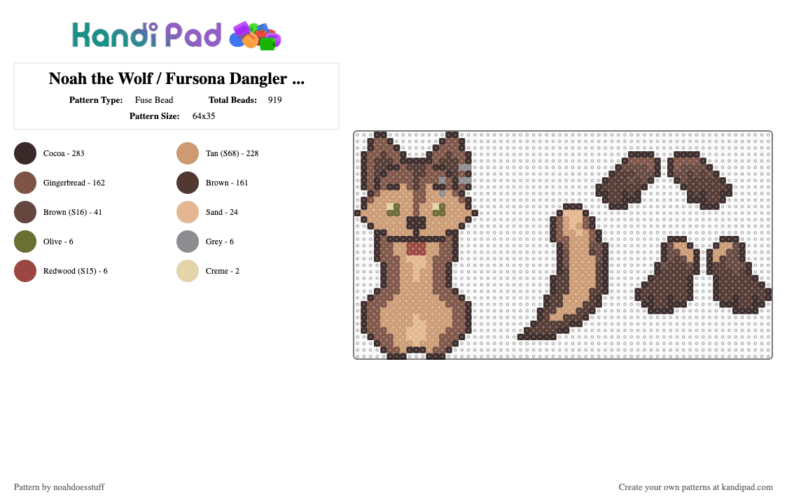 Noah the Wolf / Fursona Dangler / REMIX of @flufflekay - Fuse Bead Pattern by noahdoesstuff on Kandi Pad - brown,beige,tan,remix,fursona,furry,wolf,cute,animal,oc