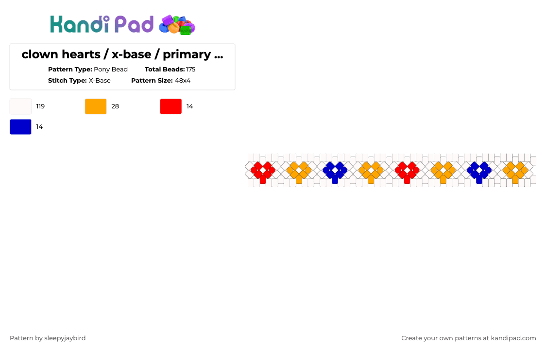 clown hearts / x-base / primary colors - Pony Bead Pattern by noahdoesstuff on Kandi Pad - white,orange,clown,primary,multicolor,colorful