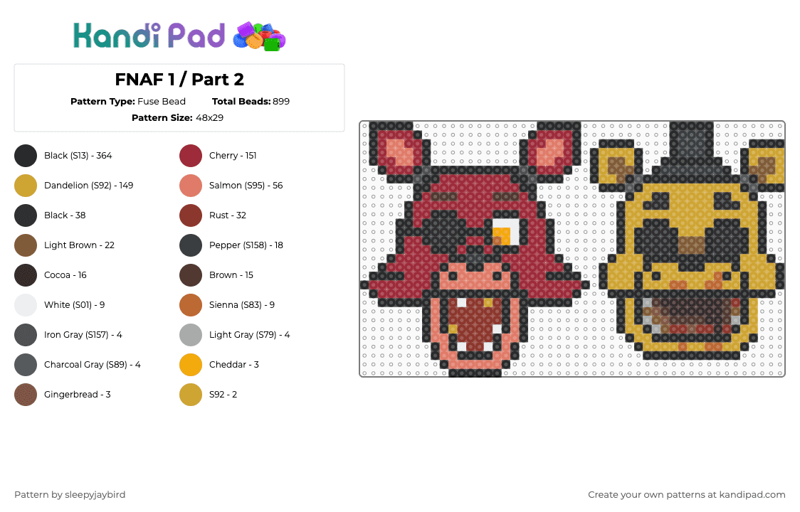FNAF 1 / Part 2 - Fuse Bead Pattern by noahdoesstuff on Kandi Pad - black,red,orange,fnaf,freddy,foxy,golden freddy
