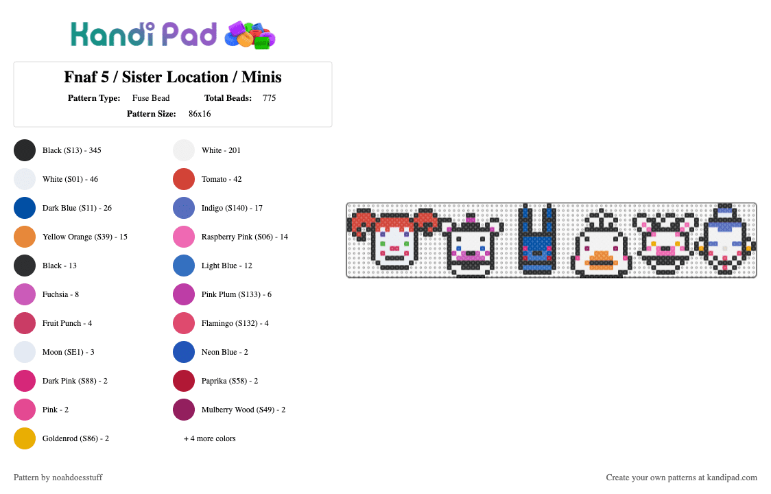 Fnaf 5 / Sister Location / Minis - Fuse Bead Pattern by noahdoesstuff on Kandi Pad - black,white,pink,blue,red,colorful,fnaf,fnafsl,cute,mini,easy,charm