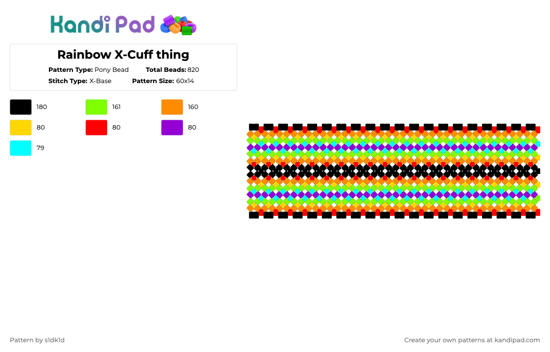 Rainbow X-Cuff thing - Pony Bead Pattern by noahdoesstuff on Kandi Pad - psychedelic,trippy,xbase,cuff,colorful,orange,green,xcuff,rainbow,scene,random