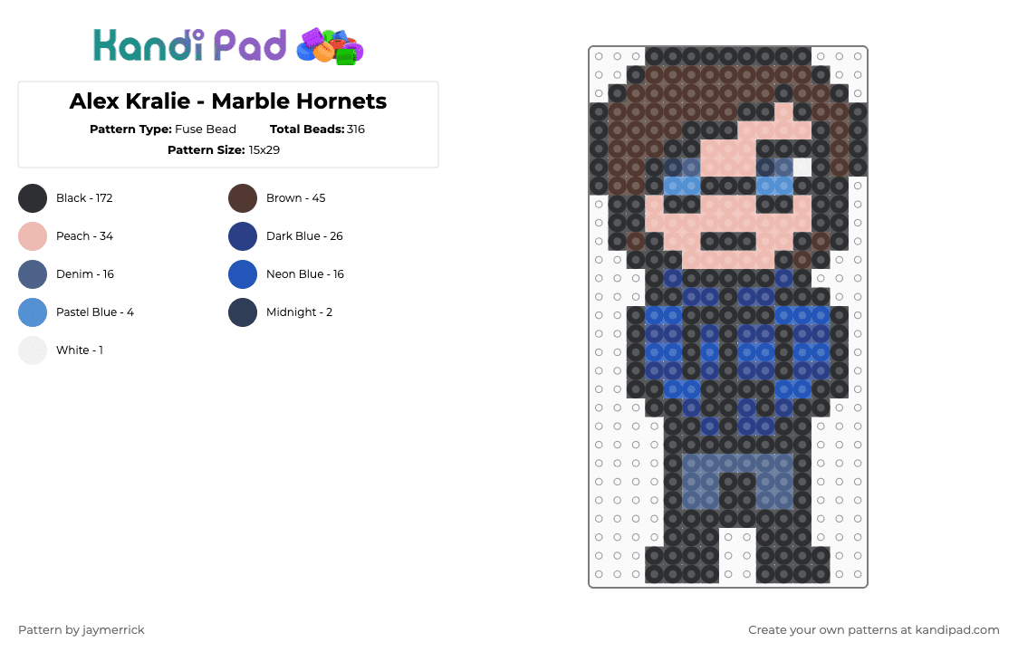 Alex Kralie - Marble Hornets - Fuse Bead Pattern by noahdoesstuff on Kandi Pad - black,beige,brown,blue,alex kralie,marble hornets,creepypasta,slenderverse,slenderman