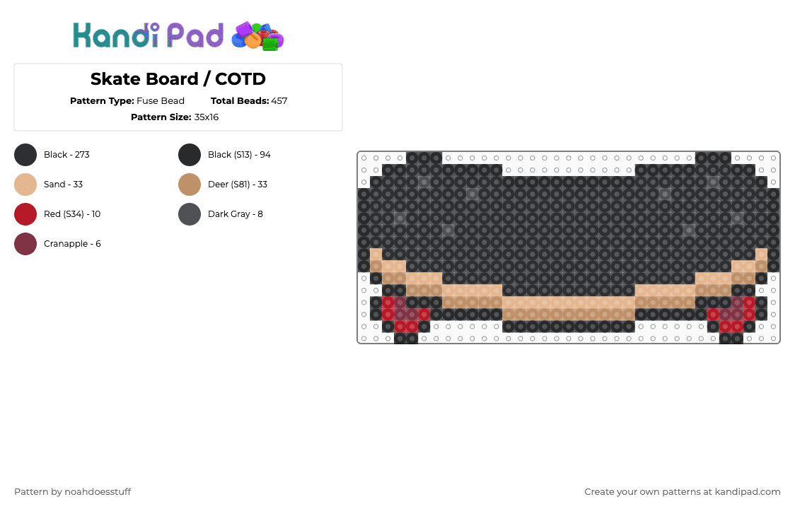 Skate Board / COTD - Fuse Bead Pattern by noahdoesstuff on Kandi Pad - black,beige,tan,skateboard,cotdskateboarding,cotd,red,skater