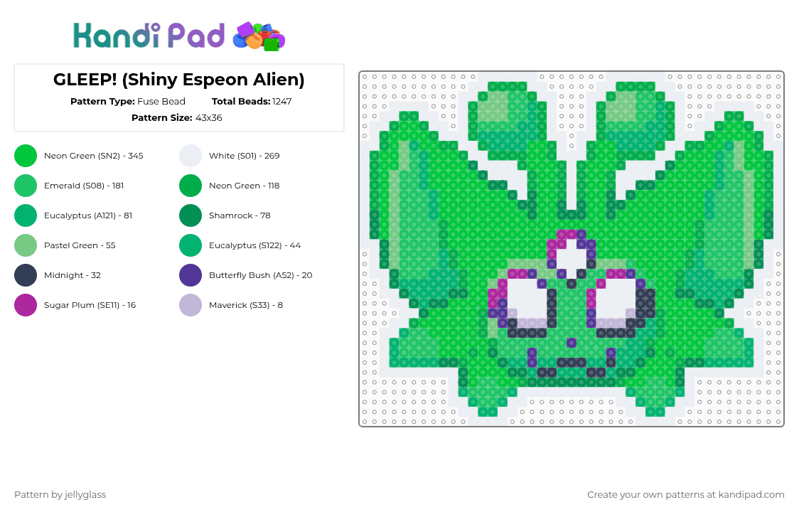 GLEEP! (Shiny Espeon Alien) - Fuse Bead Pattern by jellyglass on Kandi Pad - green,pokemon,espeon,eevee,shiny,alien,cat,fuse bead