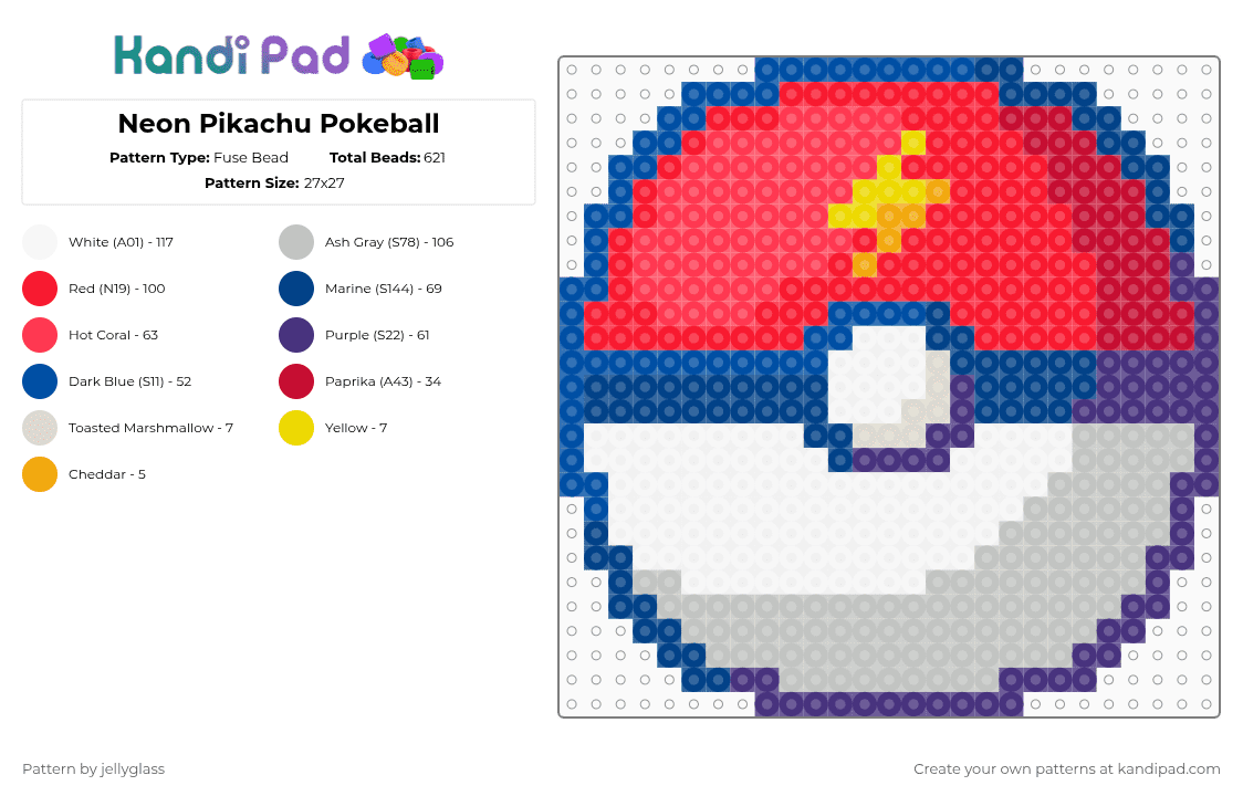 Neon Pikachu Pokeball - Fuse Bead Pattern by jellyglass on Kandi Pad - blue,red,beige,pokemon,pokeball,lightning,thunderbolt,pikachu,ball,video game