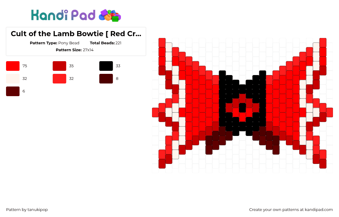 Cult of the Lamb Bowtie [ Red Crown ] - Pony Bead Pattern by jellyglass on Kandi Pad - cotl,cult of the lamb,tie,clothing,gaming,video game,red,bowtie,bow