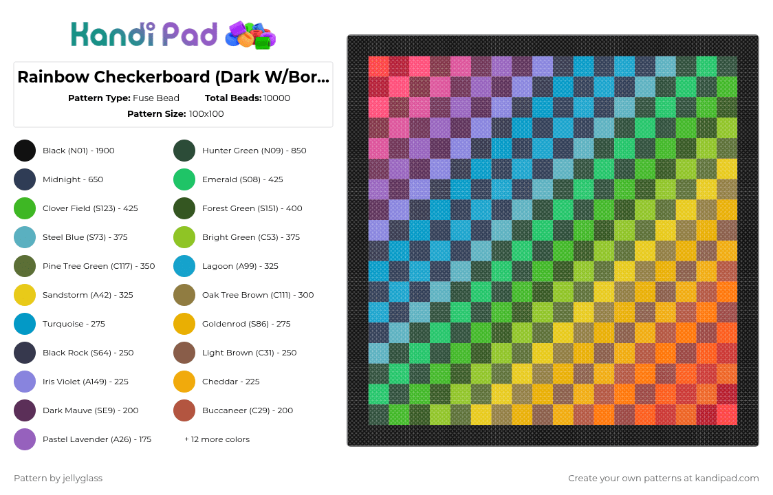Rainbow Checkerboard (Dark W/Border) - Fuse Bead Pattern by jellyglass on Kandi Pad - pink,green,purple,gold,colorful,rainbow,checkerboard,scene,large,black