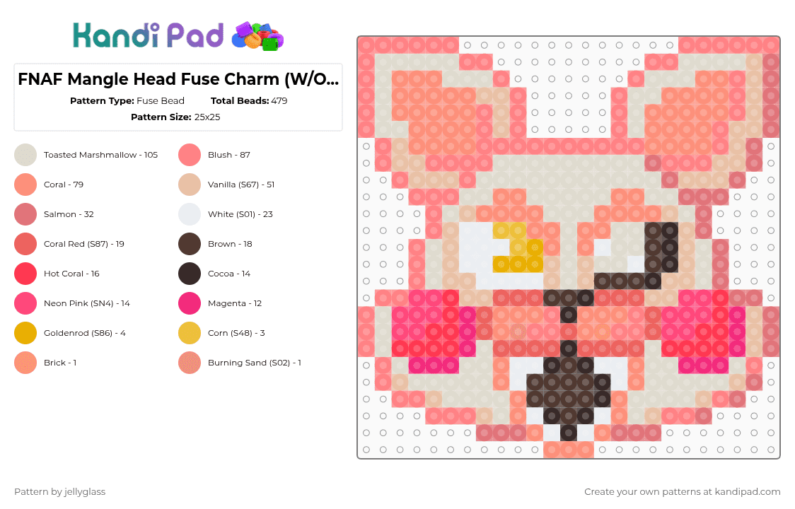 FNAF Mangle Head Fuse Charm (W/O Border) - Fuse Bead Pattern by jellyglass on Kandi Pad - red,orange,beige,mangle,foxy,fnaf,fnaf 2,five nights at freddys,five nights at freddys 2,character,fuse bead