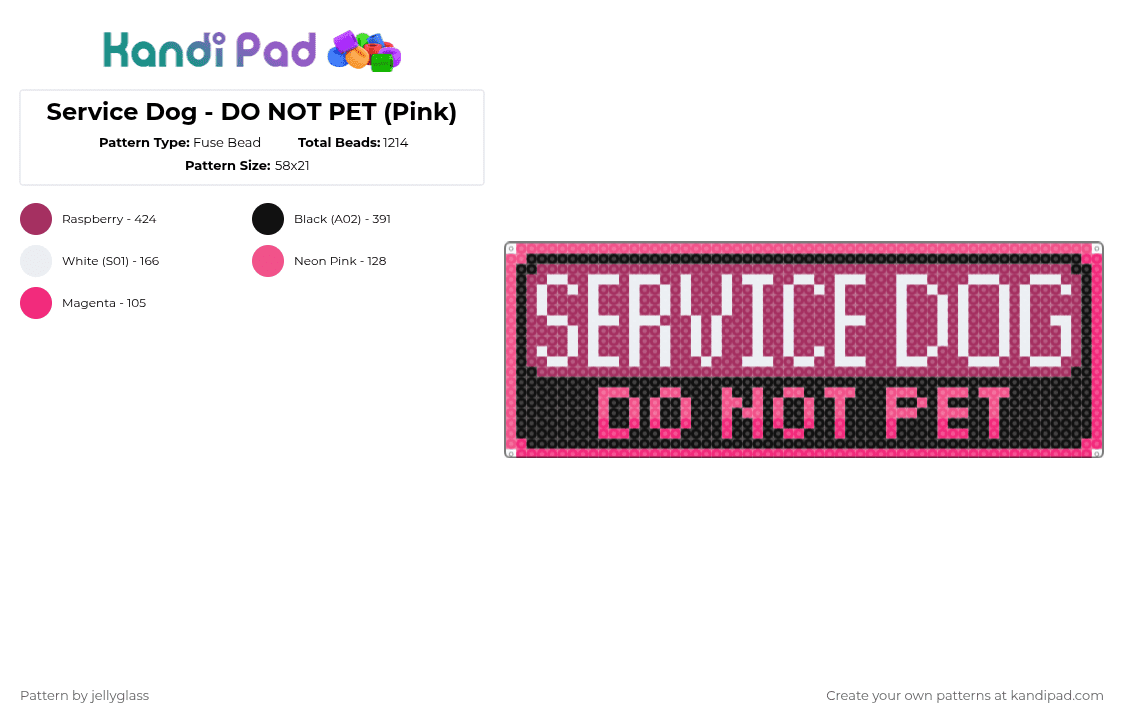 Service Dog - DO NOT PET (Pink) - Fuse Bead Pattern by jellyglass on Kandi Pad - pink,dog,service dog,working dog,warning,tag,patch,black