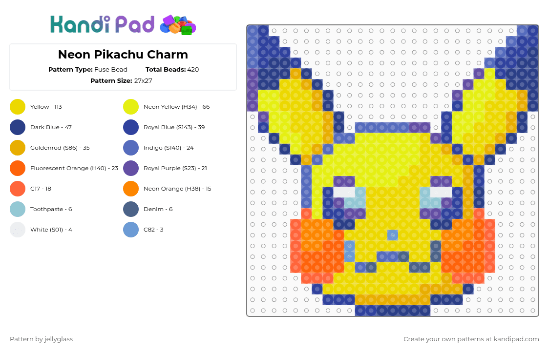 Neon Pikachu Charm - Fuse Bead Pattern by jellyglass on Kandi Pad - orange,yellow,pikachu,pokemon,anime,video games,character