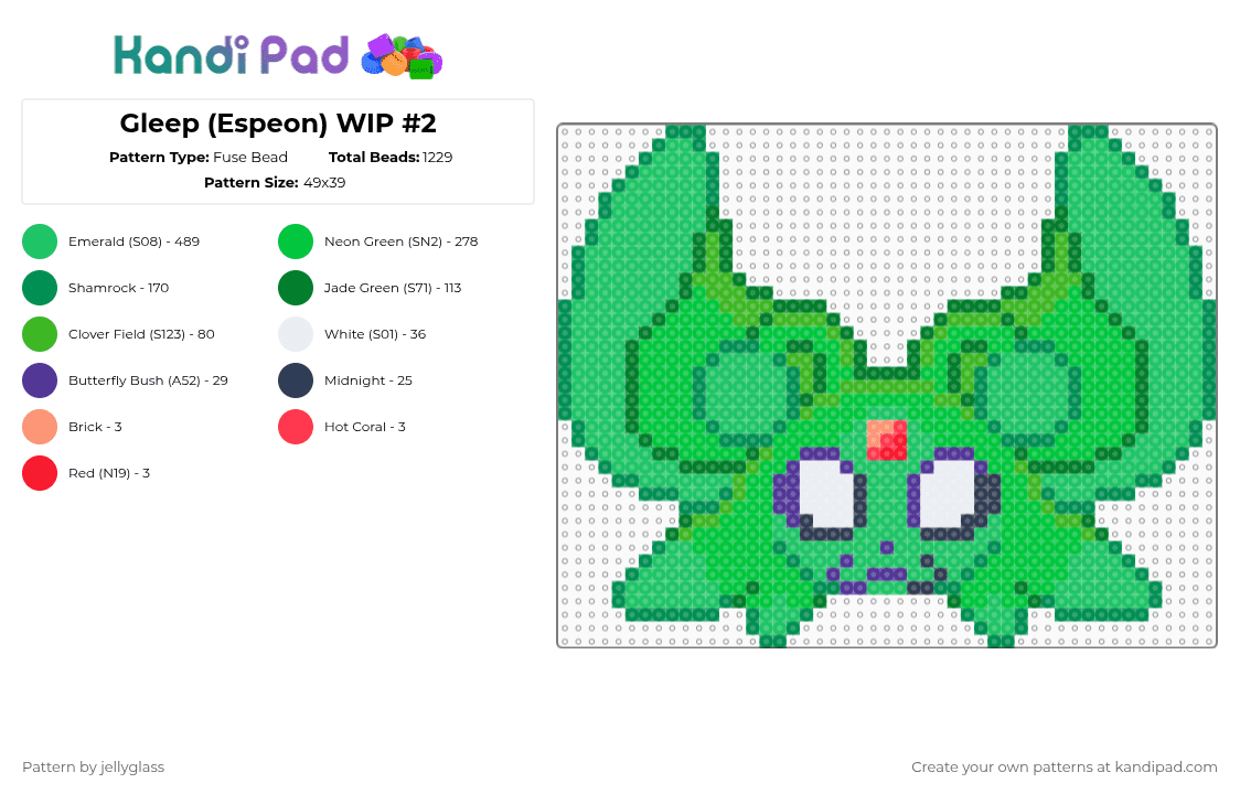 Gleep (Espeon) WIP #2 - Fuse Bead Pattern by jellyglass on Kandi Pad - green