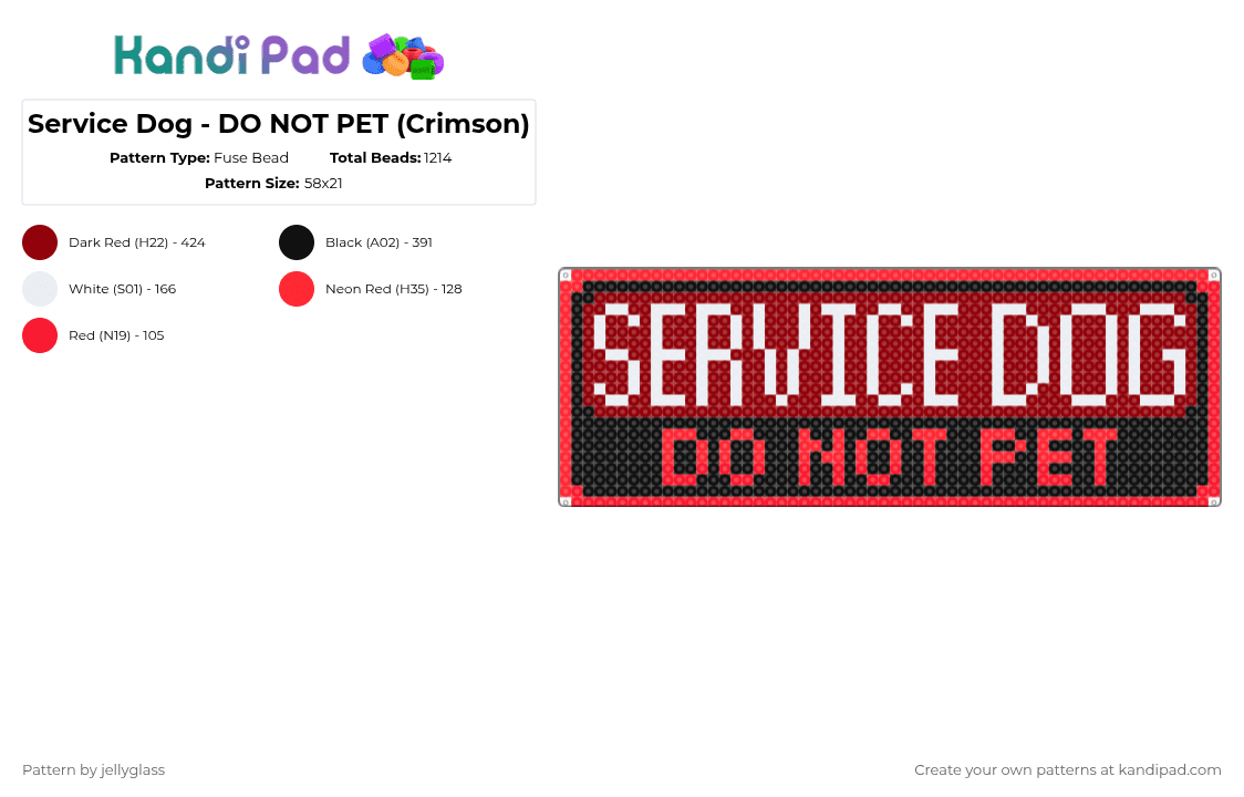 Service Dog - DO NOT PET (Crimson) - Fuse Bead Pattern by jellyglass on Kandi Pad - red,dog,service dog,working dog,warning,tag,patch,black