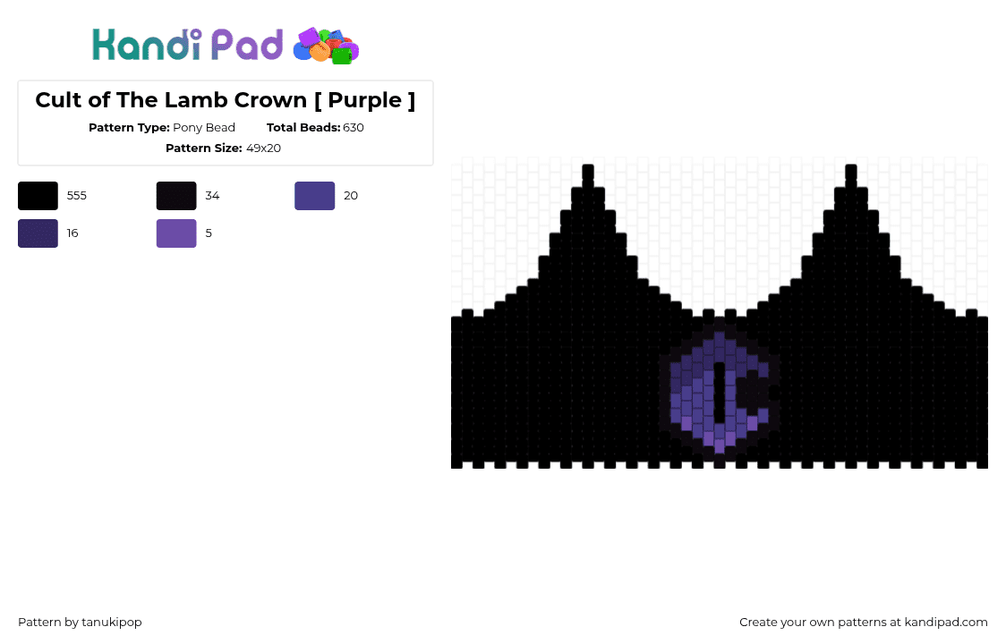 Cult of The Lamb Crown [ Purple ] - Pony Bead Pattern by jellyglass on Kandi Pad - black,cult of the lamb,video game,purple crown,crown,gaming