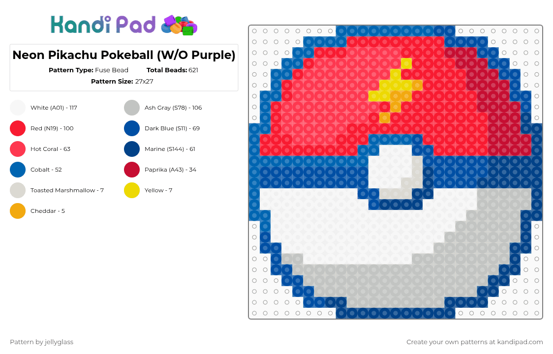 Neon Pikachu Pokeball (W/O Purple) - Fuse Bead Pattern by jellyglass on Kandi Pad - blue,red,beige,pokemon,pokeball,lightning,thunderbolt,pikachu,ball,video game