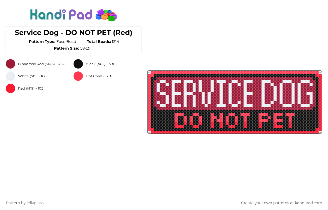 Service Dog - DO NOT PET (Red) - Fuse Bead Pattern by jellyglass on Kandi Pad - red,dog,service dog,working dog,warning,tag,patch,black