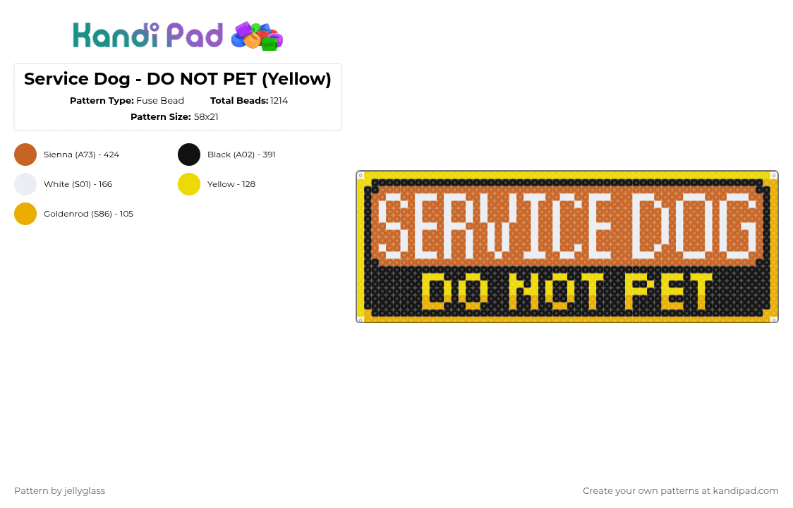 Service Dog - DO NOT PET (Yellow) - Fuse Bead Pattern by jellyglass on Kandi Pad - orange,dog,service dog,working dog,warning,tag,patch,black