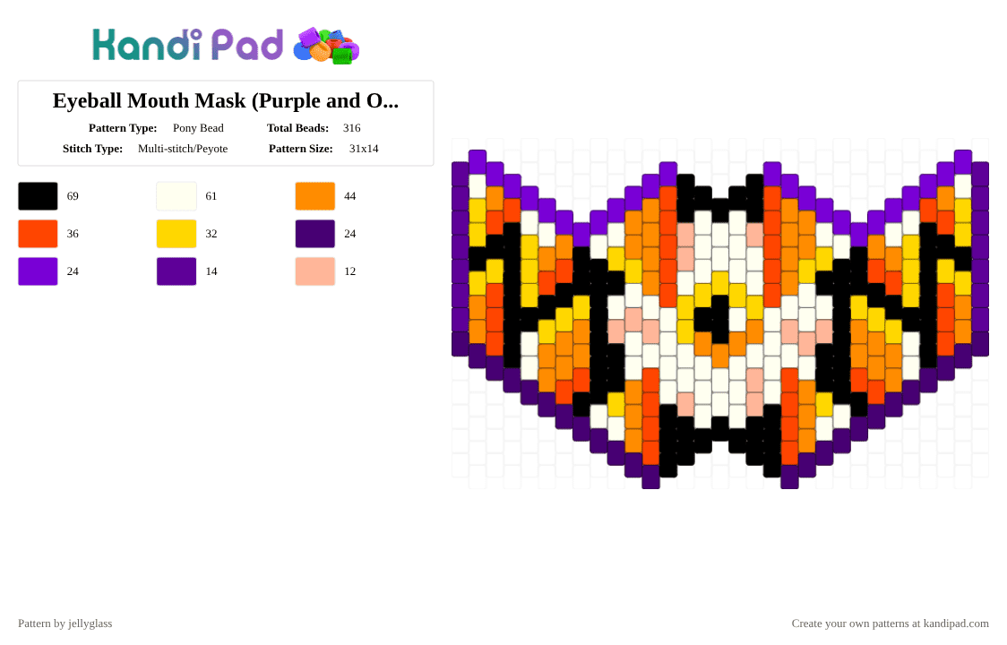 Eyeball Mouth Mask (Purple and Orange) - Pony Bead Pattern by jellyglass on Kandi Pad - purple,red,orange,teeth,fangs,eyeball,eye,colorful,mask