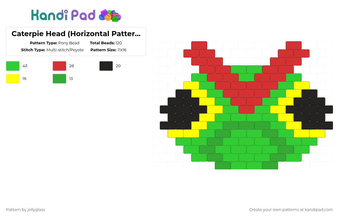 Caterpie Head (Horizontal Pattern - Green) - Pony Bead Pattern by jellyglass on Kandi Pad - green,caterpie,pokemon,video game,characters,bug,charm