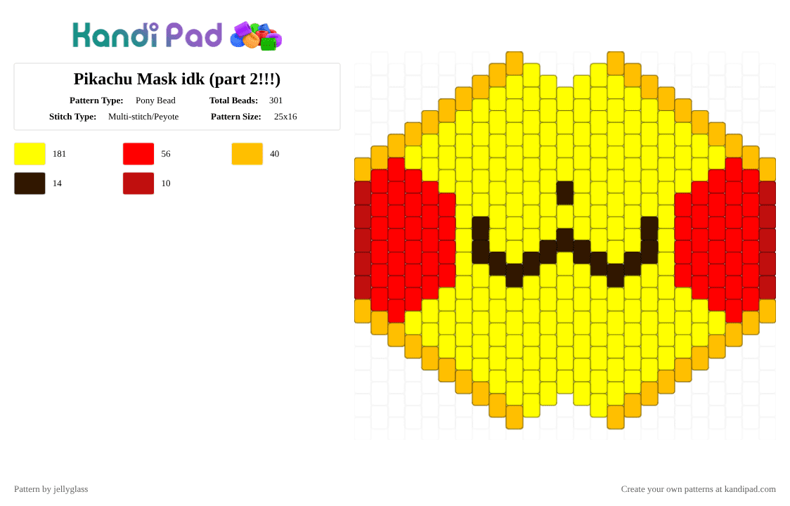 Pikachu Mask idk (part 2!!!) - Pony Bead Pattern by jellyglass on Kandi Pad - yellow,pokemon,gaming,mask,pikachu