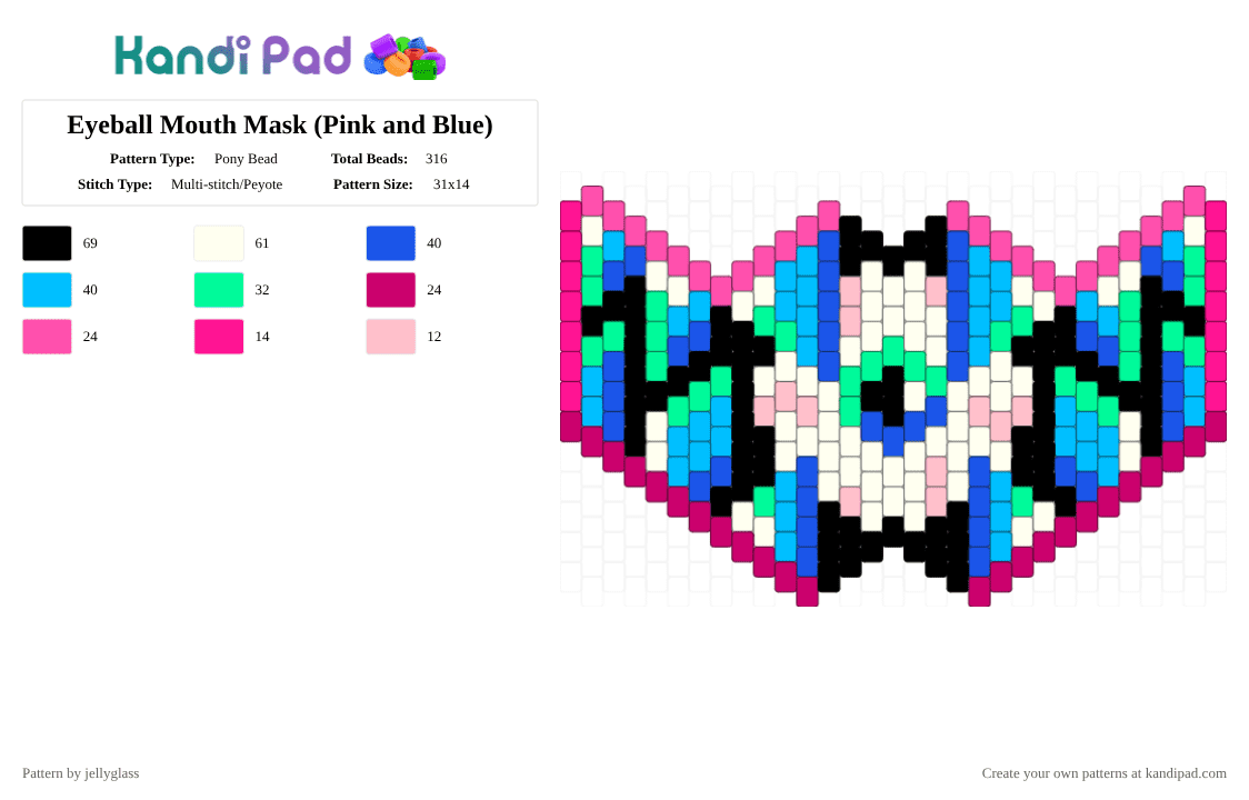 Eyeball Mouth Mask (Pink and Blue) - Pony Bead Pattern by jellyglass on Kandi Pad - pink,teeth,fangs,eyeball,eye,colorful,mask,mouth