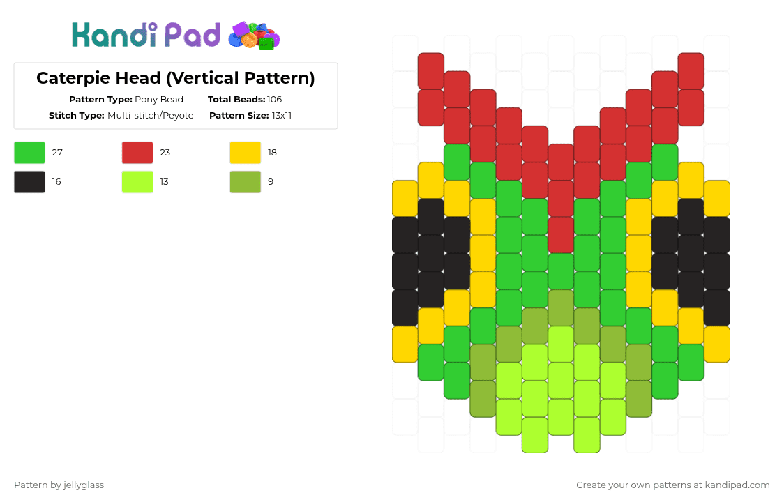 Caterpie Head (Vertical Pattern) - Pony Bead Pattern by jellyglass on Kandi Pad - green,pokemon,bug,caterpie,charm,video game,characters