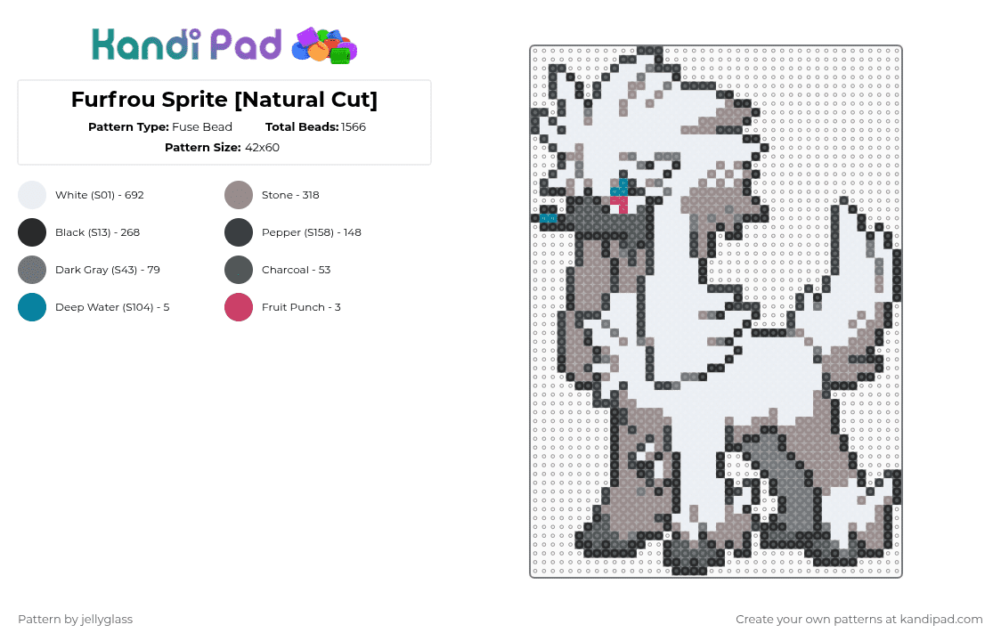 Furfrou Sprite [Natural Cut] - Fuse Bead Pattern by jellyglass on Kandi Pad - white,gray,pokemon,dog,furfrou,sprite,video game,character,poodle