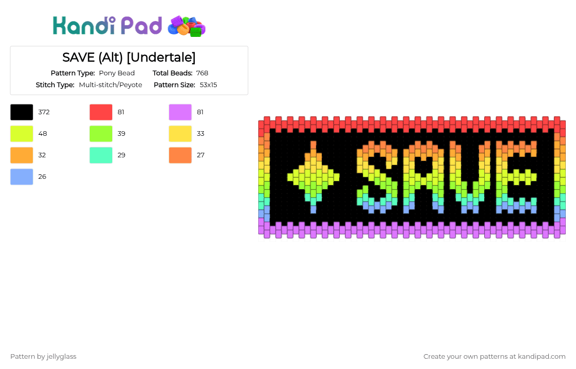 SAVE (Alt) [Undertale] - Pony Bead Pattern by jellyglass on Kandi Pad - black,yellow,red,pink,colorful,undertale,video game,gaming,save,star,rainbow