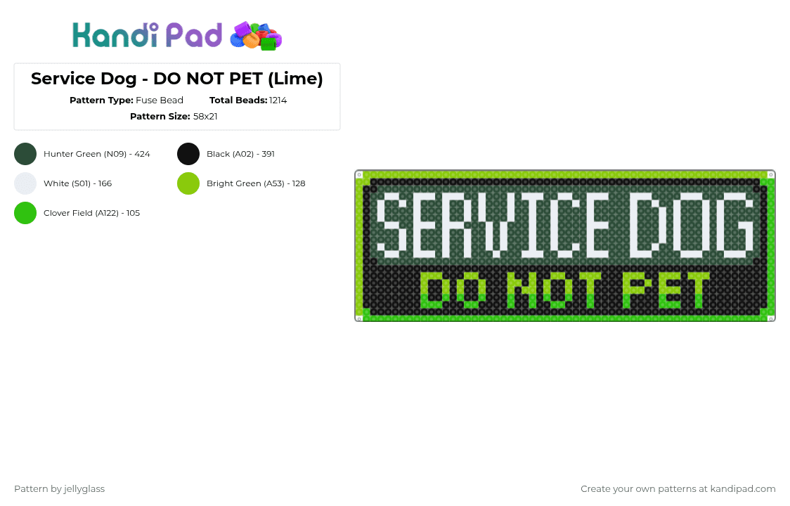 Service Dog - DO NOT PET (Lime) - Fuse Bead Pattern by jellyglass on Kandi Pad - black,white,green,dog,service dog,working dog,warning,tag,patch