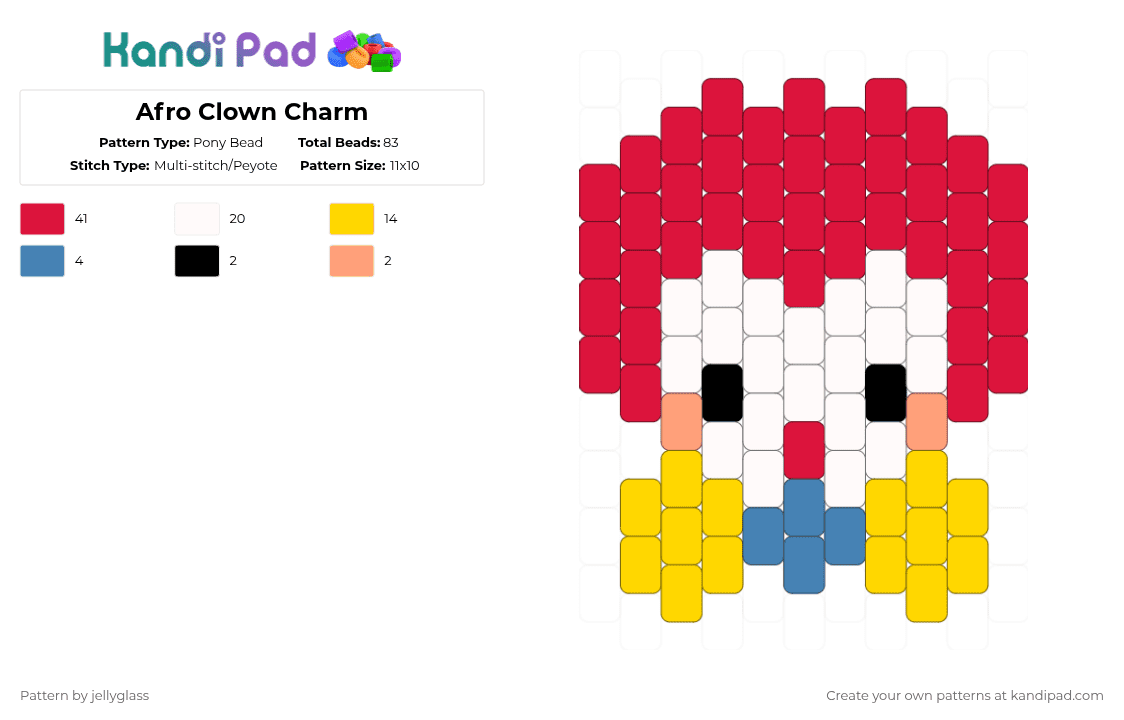 Afro Clown Charm - Pony Bead Pattern by jellyglass on Kandi Pad - red,clown,orange,colorful,cute