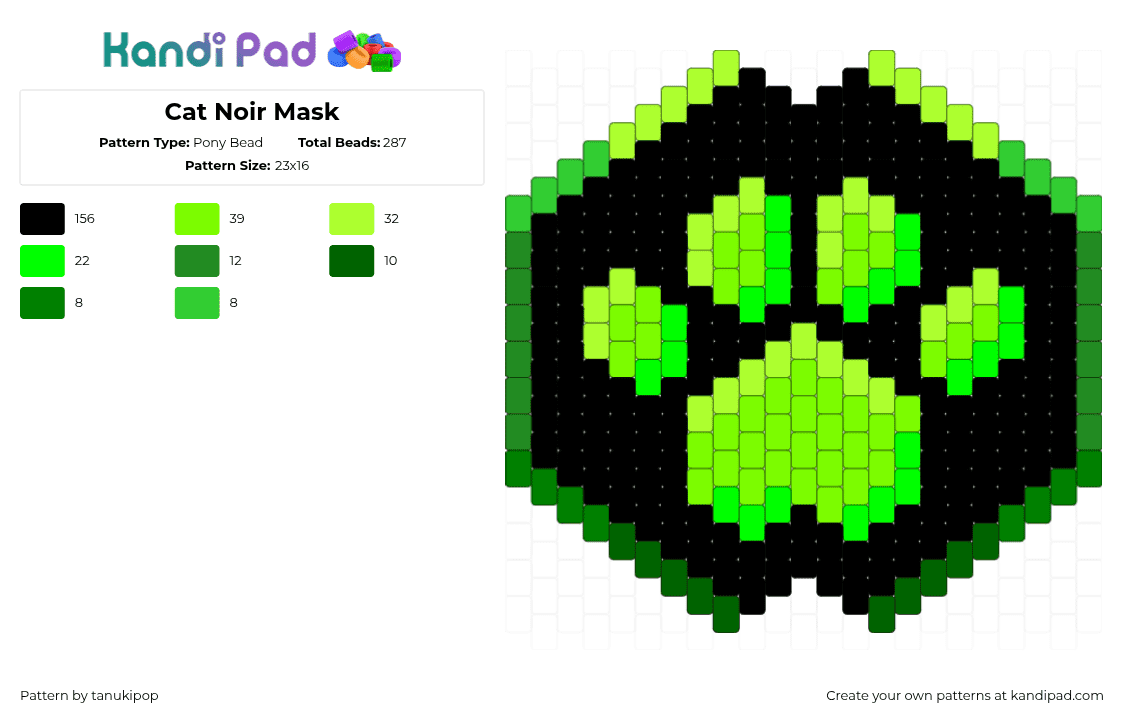 Cat Noir Mask - Pony Bead Pattern by jellyglass on Kandi Pad - cat noir,paw,cartoon,tv show,green,black,miraculous,mask,paw print,miraculous ladybug