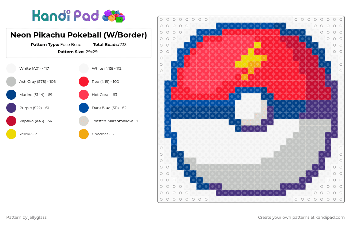 Neon Pikachu Pokeball (W/Border) - Fuse Bead Pattern by jellyglass on Kandi Pad - blue,red,beige,pokemon,pokeball,lightning,thunderbolt,pikachu,ball,video game