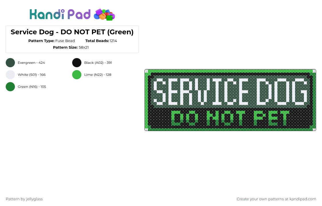 Service Dog - DO NOT PET (Green) - Fuse Bead Pattern by jellyglass on Kandi Pad - gray,green,dog,service dog,working dog,warning,tag,patch,black
