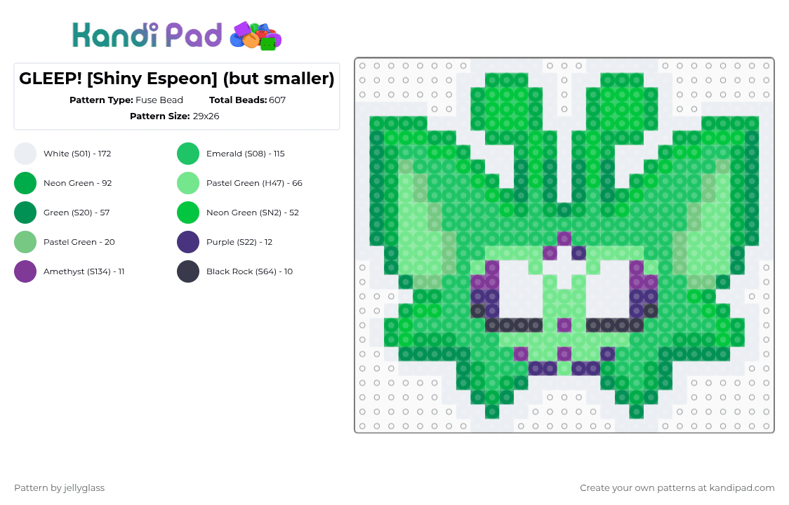 GLEEP! [Shiny Espeon] (but smaller) - Fuse Bead Pattern by jellyglass on Kandi Pad - green,espeon,alien,cat,pokemon,fuse bead