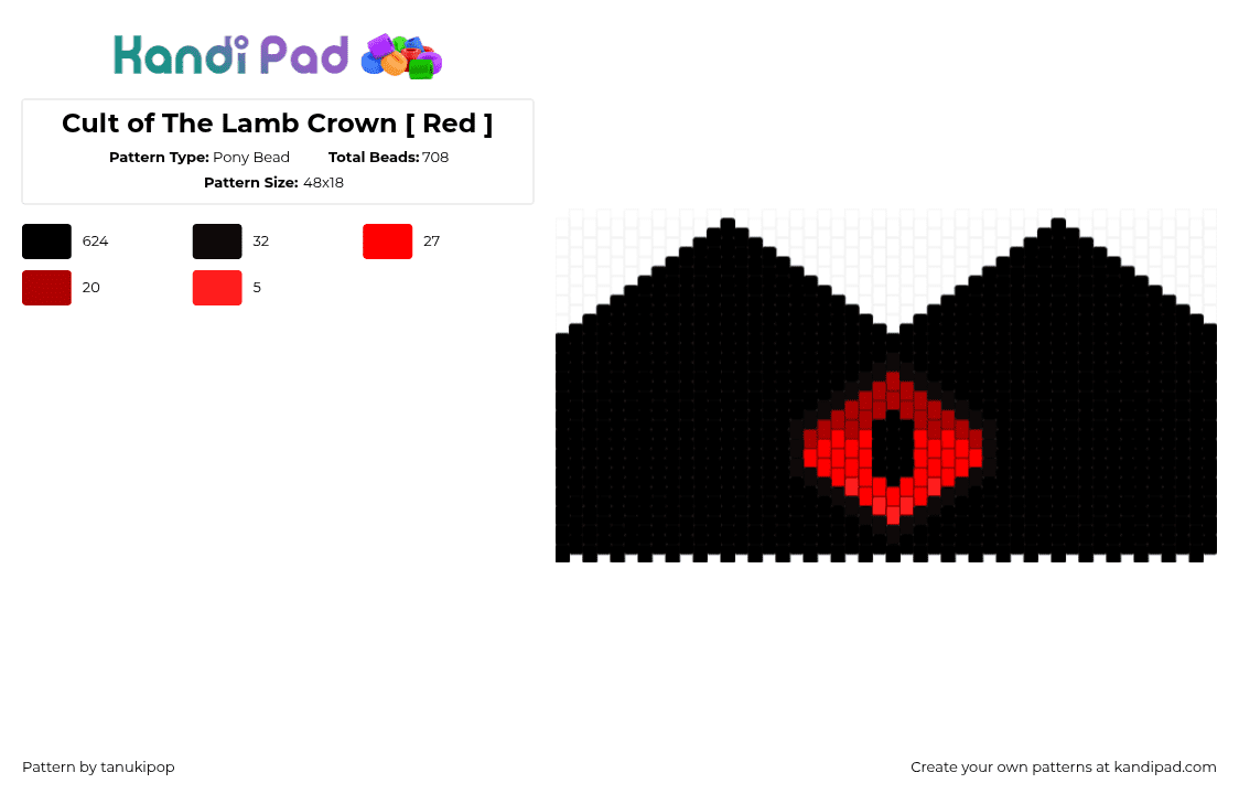 Cult of The Lamb Crown [ Red ] - Pony Bead Pattern by jellyglass on Kandi Pad - black,cult of the lamb,red crown,crown,video game,gaming