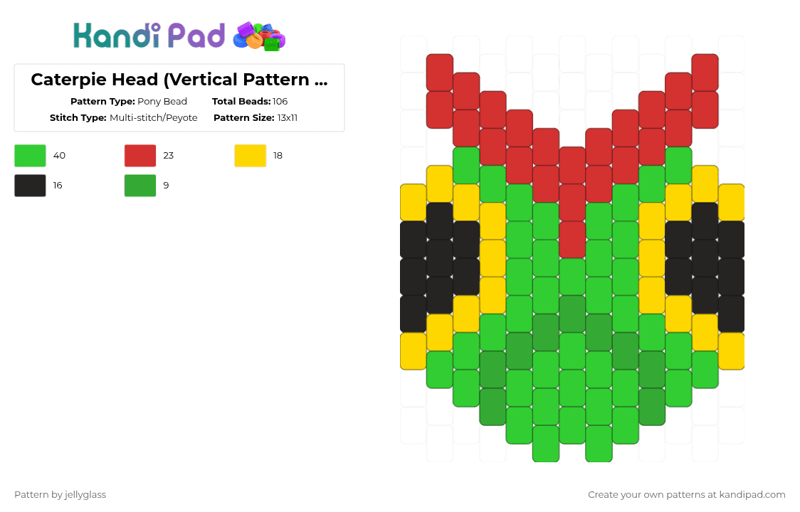 Caterpie Head (Vertical Pattern - Green) - Pony Bead Pattern by jellyglass on Kandi Pad - green,pokemon,bug,caterpie,charm,video game,characters