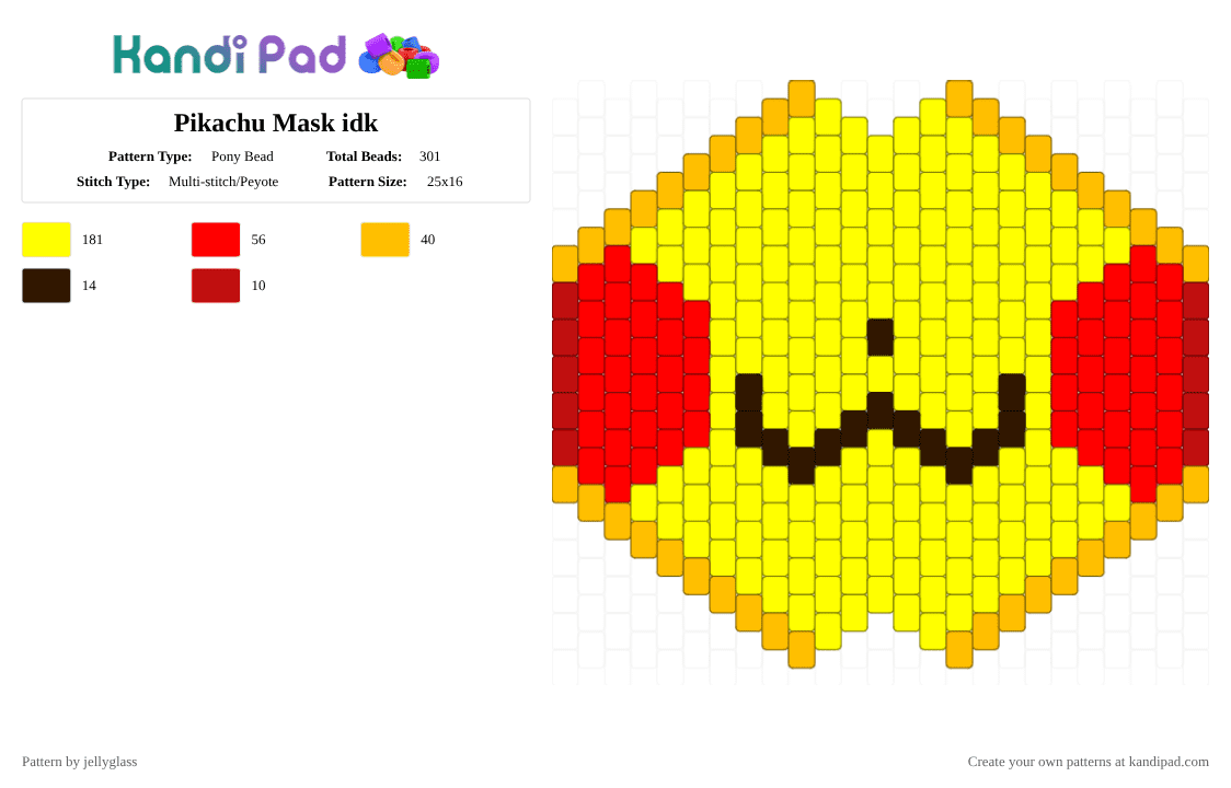 Pikachu Mask idk - Pony Bead Pattern by jellyglass on Kandi Pad - yellow,pokemon,gaming,mask,pikachu