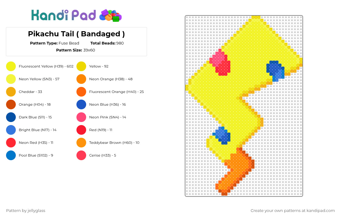 Pikachu Tail ( Bandaged ) - Fuse Bead Pattern by jellyglass on Kandi Pad - yellow,pikachu,pokemon,tail,accessory,fuse bead,video game,character